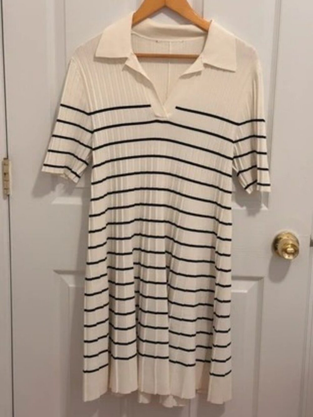 Cream & Black Striped Ribbed Knit Polo Midi Dress